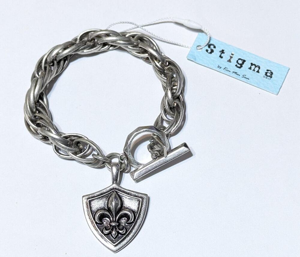 Stigma Mens Toggle Chain Bracelet Silver Tone Fleur-de-Lis Shield Charm